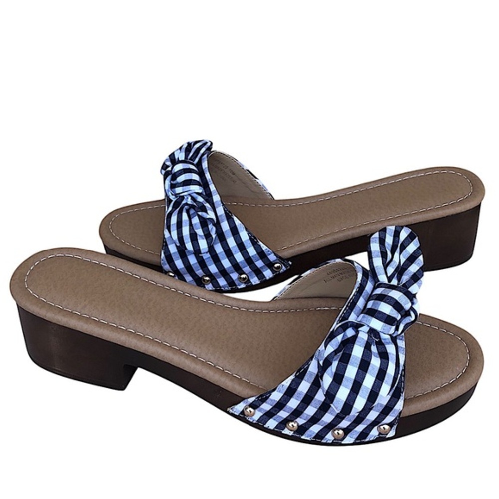 Comfort est 1946 Gingham Blue White Bow Versatile Slide‎ Mule Clog Sandal 10